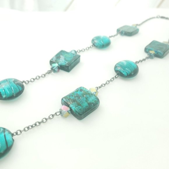 Womens Turquoise Aqua Stone Lobster Clasp Oval Link Chain Beaded Necklace - Picture 5 of 11
